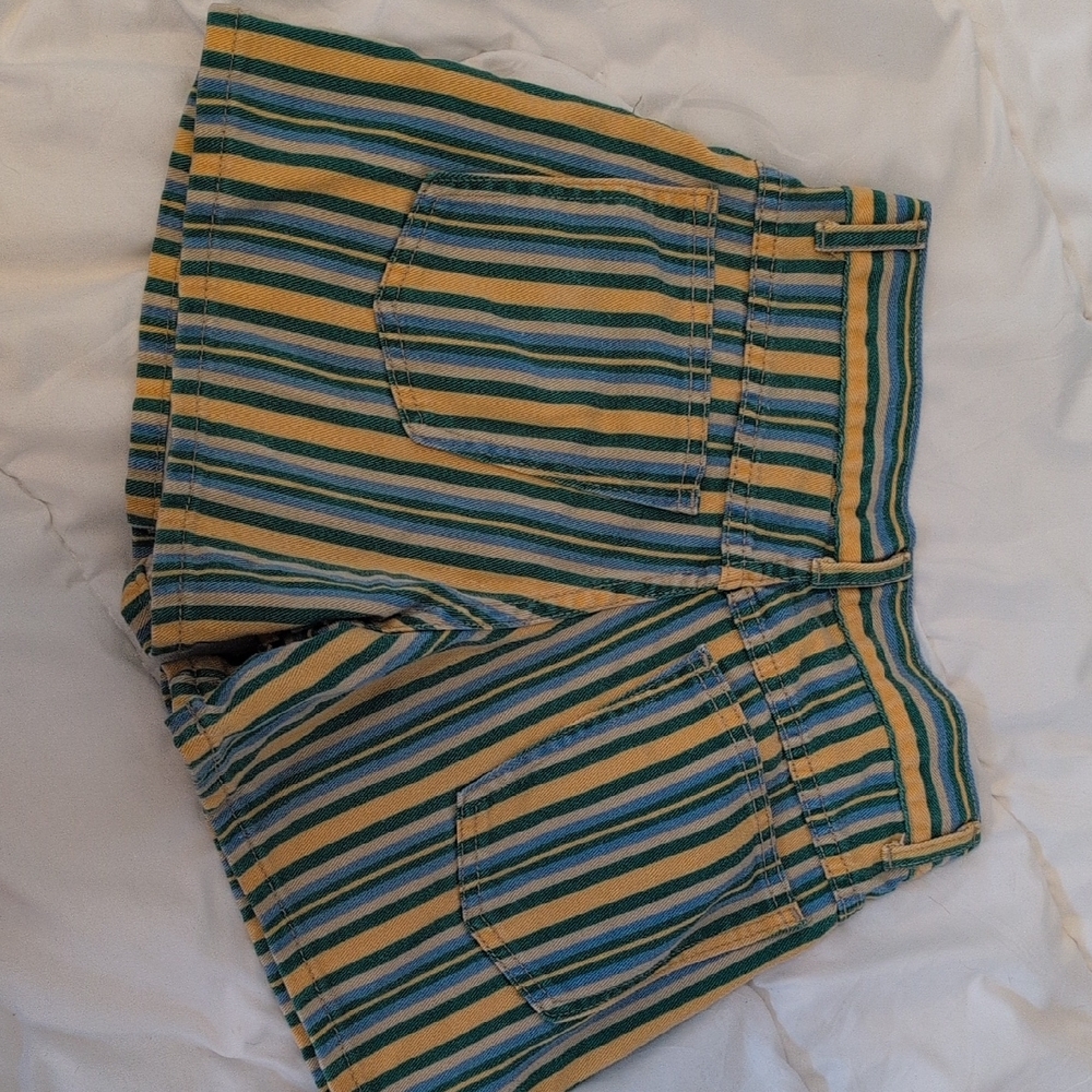 Original Au Coton Vintage Striped Green, Blue, Yellow High Waisted Denim Shorts - Picture 2 of 5